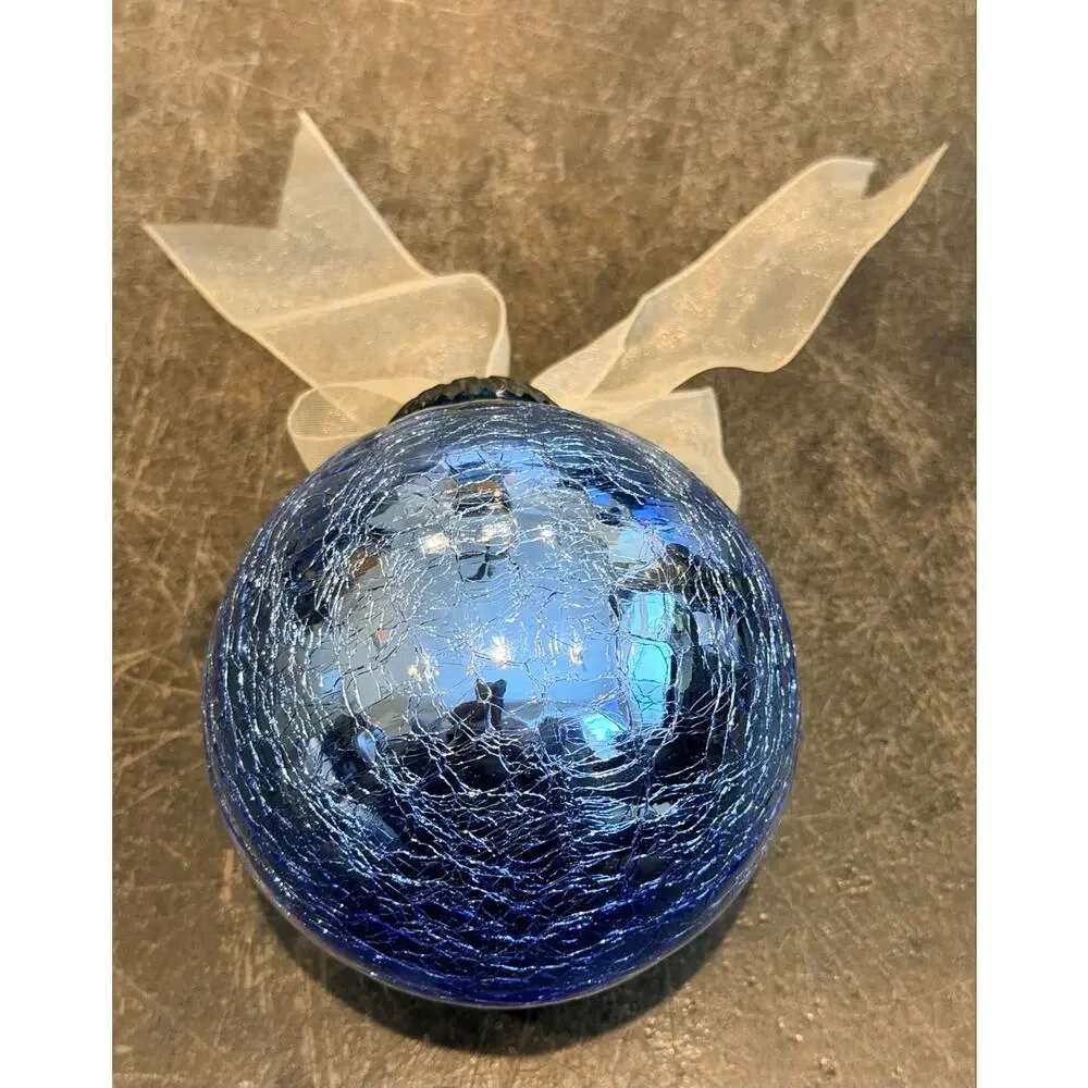 Heavy Crackle Glass German Kugel Ornament Ice Blue 9oz Blown Glass & Table Stand